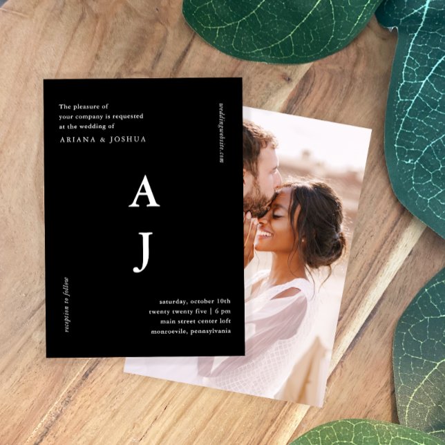Minimal användning av Monogram Photo Bröllop Black Inbjudningar (Skapare uppladdad)