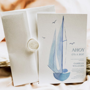 Minimal Aquarelle Sailboat Shower Ahoy Boy Inbjudningar