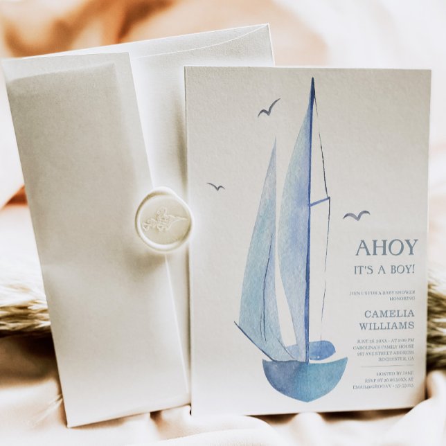 Minimal Aquarelle Sailboat Shower Ahoy Boy Inbjudningar (Skapare uppladdad)