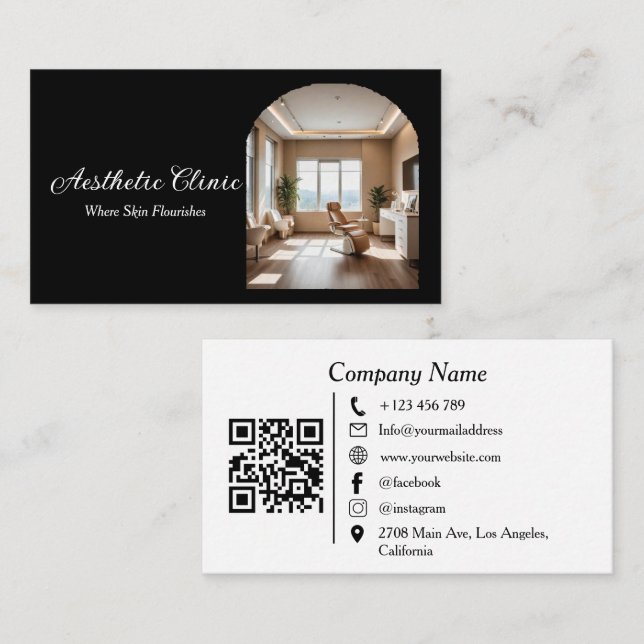 Minimal Arch Aesthetic Clinic QR Code Black White Visitkort (Fram/baksida)