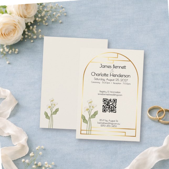 Minimal Art Nouveau Guld Båge Calla Lily Bröllop Tilläggskort (Skapare uppladdad)