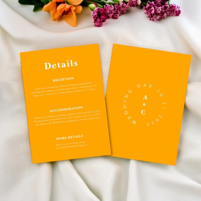 Minimal avslappnad för trendig av bröllop-detaljen tilläggskort (fun orange bold wedding details card , mix and match wedding ststionary , editable ,downloadable ,
)