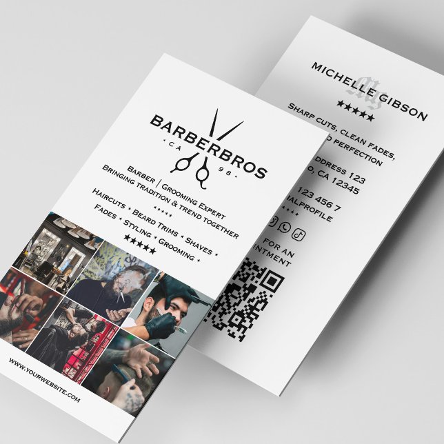 Minimal Barber Barbershop Grid White Modern Visitkort (Minimal Barber Barbershop Grid White Modern Business Card
)