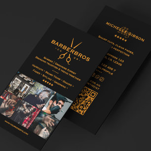 Minimal Barber Grid Bilder Orange Svart Barbershop Visitkort