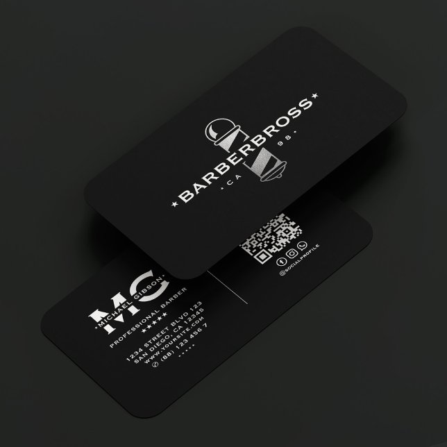 Minimal barbershop Modern Barber Pole Black Silver Visitkort (Minimal Barbershop Modern Barber Pole Black Silver Business Card
)