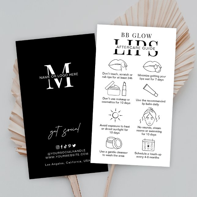 Minimal BB Glow Läppar Aftercare Instructions Salo Visitkort (BB Glow Lips after care instructions cards in fully editable minimalist black and white design)