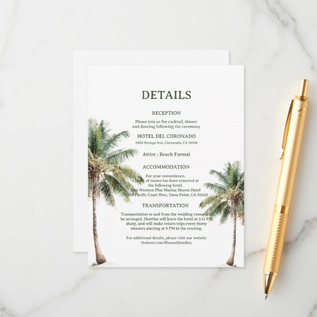 Minimal Beach Palm Trees Wedding Details Card Tilläggskort (Fram/Back In Situ)