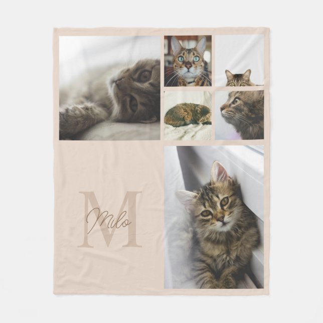 Minimal Beige 6 Pet Foto Collage Monogram Fleecefilt (Framsidan)