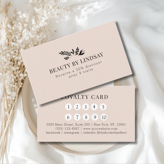 Minimal Beige Botanical Salon Loyalty Visitkort (Minimal Beige Botanical Custom Salon Loyalty Business Card)