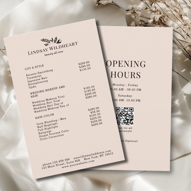 Minimal Beige Botanical Salon QR Code Price List Flygblad (Minimal Beige Botanical Salon QR Code Price List Flyer)