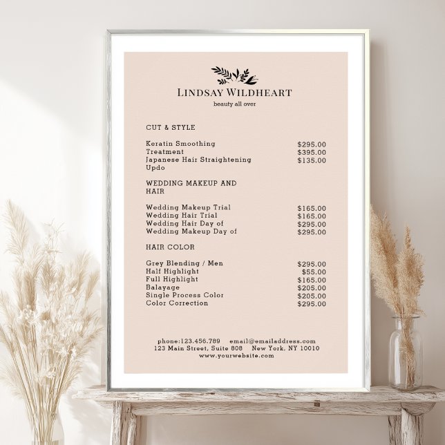 Minimal beige botanisk salong Prislista Poster (Custom Minimal Beige Botanical Salon Price List Poster. Print & Instant Download.)