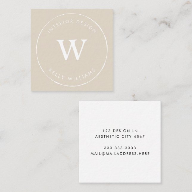 Minimal Beige Circle Business Monogram Branding Fyrkantigt Visitkort (Fram/baksida)