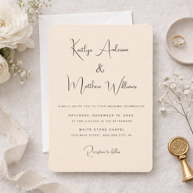 Minimal beige modern elegant typsnitt Bröllop Inbjudningar (Simple Beige with Black Script Wedding invitation)