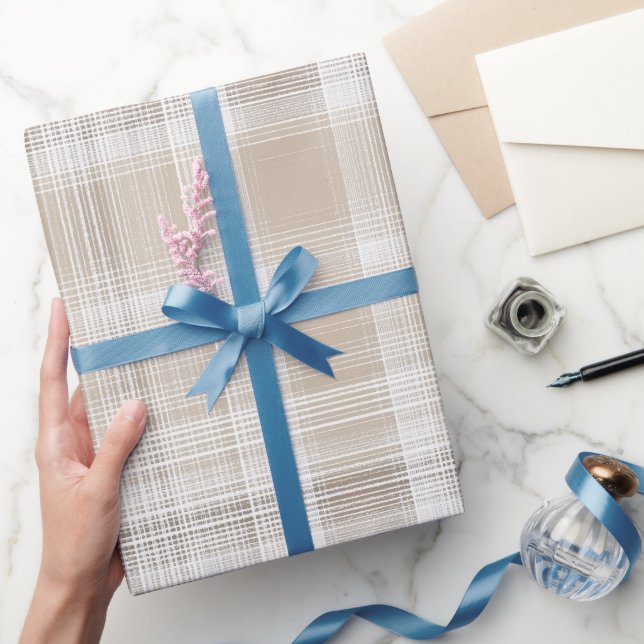 Minimal beige vit mjuk linne rutigt mönster presentpapper (Gifting)