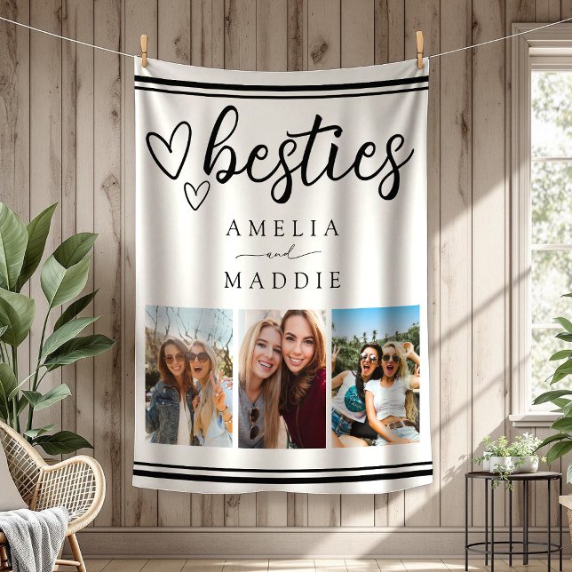 Minimal Besties Photo Collage Black and White  Fleecefilt (Minimal Besties Photo Collage Black and White Fleece Blanket)