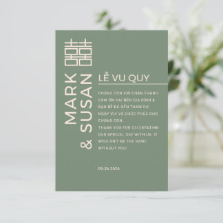 Minimal Bilingual Vietnamesiskt Bröllop Grönt Tack Kort