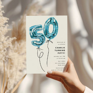 Minimal blå 50 ballong 50-årsfest inbjudningar