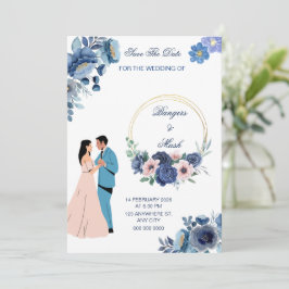 Minimal blå Blommigt med Bröllop par Inbjudningar