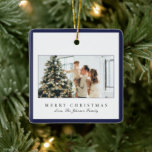 Minimal blå Elegant med Gräns-foto,  jul Julgransprydnad Keramik<br><div class="desc">Elegantens julprydnad med en enkel och modern design med dina favoritfoton tillsammans med gräns och det redigerbara "God jul" hälsning.</div>