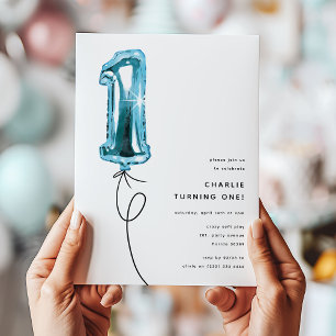 Minimal blå en ballong 1-års födelsedagsfest inbjudningar