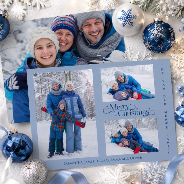 Minimal Blå Familj Fyra Foto God Jul Julkort (Skapare uppladdad)