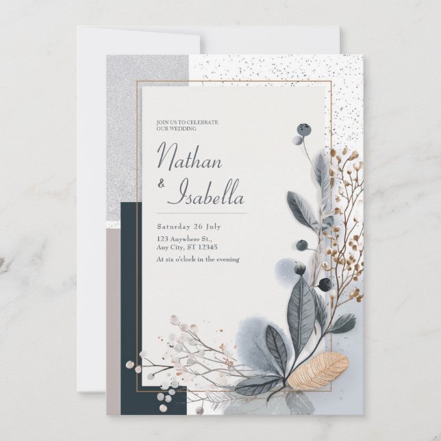 Minimal Blå Grå Guld Botanisk Glitter Bröllop Inbjudningar (Framsida)