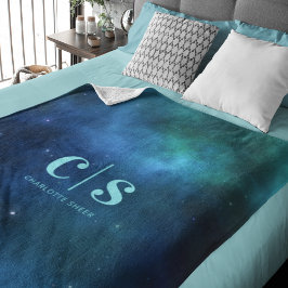 Minimal blå Grönt Galaxy Monogram Fleecefilt