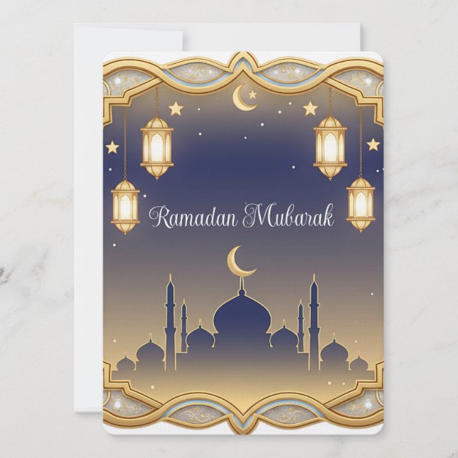 Minimal Blå & Guld Moské Ramadan Mubarak  Julkort (Framsida)