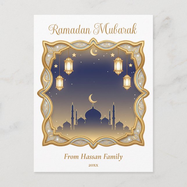 Minimal Blå & Guld Moské Ramadan Mubarak  Vykort (Framsida)