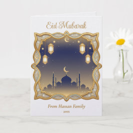 Minimal Blå & Guld Moské Siluett Eid Mubarak Kort