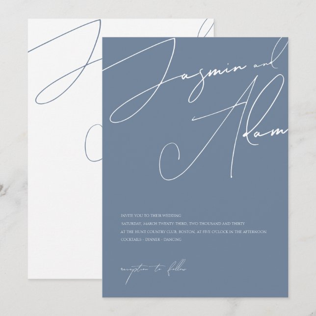 Minimal blå skript typografi bröllop inbjudningar (Fram/baksida)