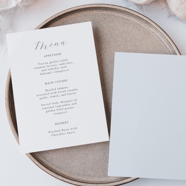 Minimal blå vit Quinceanera Menu (Elegant quinceanera menu includes beautiful grey calligraphy script and a pretty pastel blue back.)