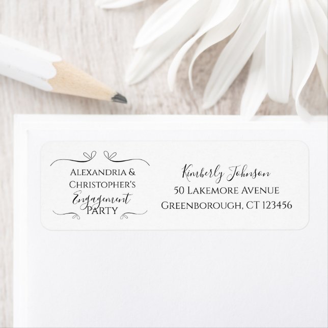 Minimal Black and White Script Engagement Party Returadress Etikett (Insitu)