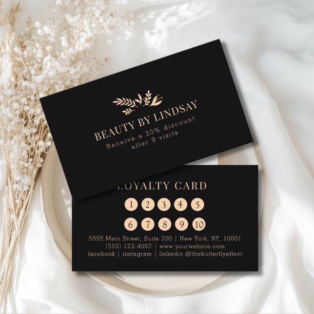 Minimal Black Botanical Salon Loyalty Visitkort (Minimal Black Botanical Custom Salon Loyalty Business Card)