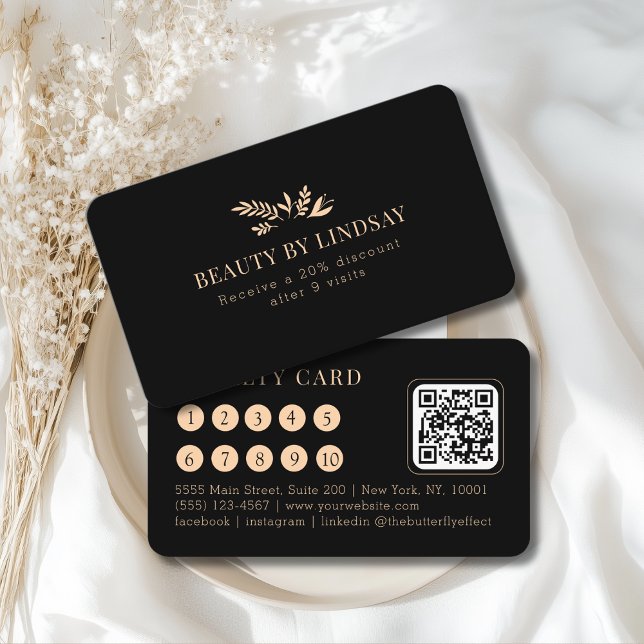 Minimal Black Botanical Salon QR-Code Loyalty Visitkort (Minimal Black Botanical Salon QR-Code Loyalty Business Card)