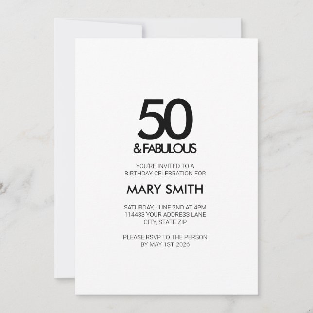 Minimal Black Fifty and Fabulous 50th Birthday Inbjudningar (Framsida)