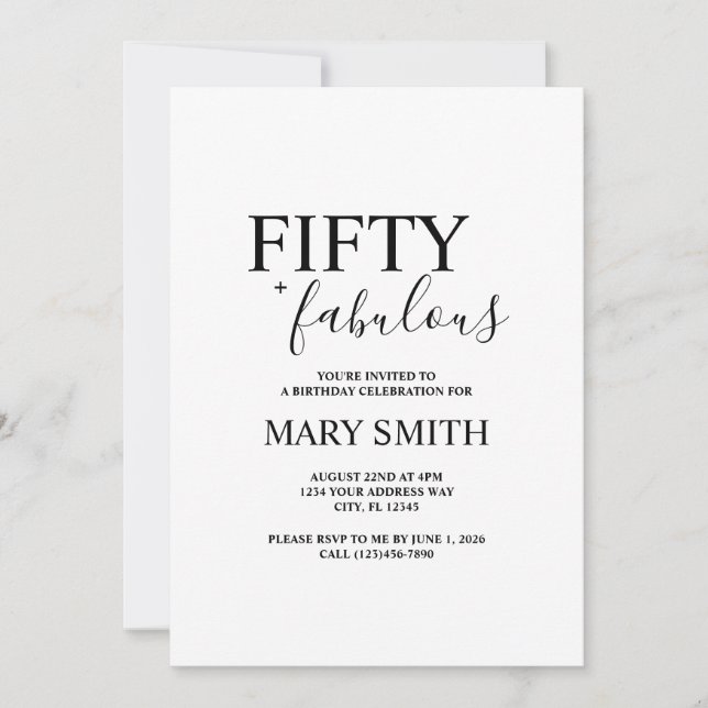 Minimal Black Fifty and Fabulous 50th Birthday Inbjudningar (Framsida)