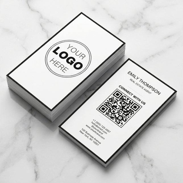 Minimal Black White Modern QR Code Logo Visitkort (Modern Minimalist Black & White QR Code Business Card)