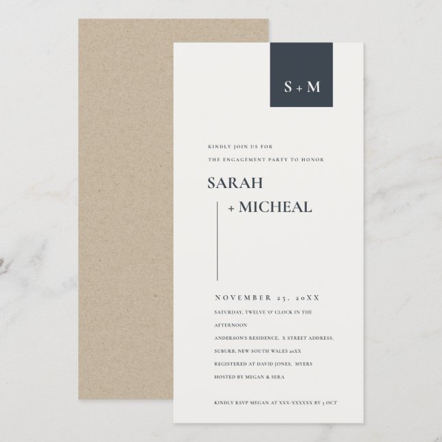 MINIMAL BLACK & WHITE MONOGRAM FÖRLOVNING INBJUDAN (Fram/baksida)