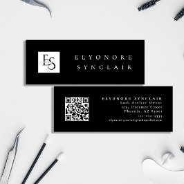 Minimal Black White Script Lash Logo Qr Code Mini Visitkort