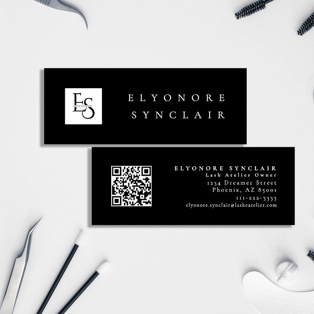 Minimal Black White Script Lash Logo Qr Code Mini Visitkort (Skapare uppladdad)