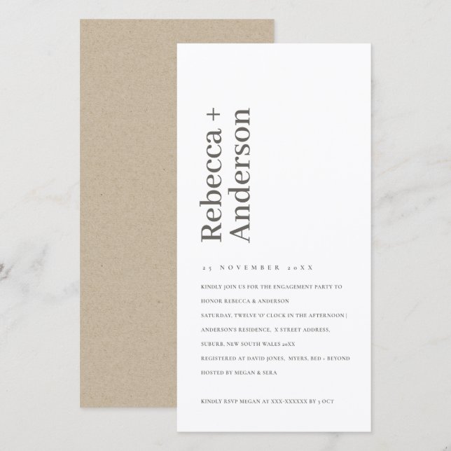 MINIMAL BLACK & WHITTYPOGRAFI FÖRLOVNING INBJUDAN (Fram/baksida)