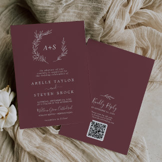 Minimal Blad | Burgunder Monogram QR-kod Bröllop Inbjudningar