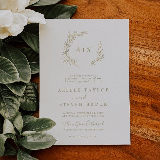 Minimal Blad | Guld Formell Monogram Bröllop Inbjudningar (Minimal Leaf | Gold Formal Monogram Wedding Invitation)