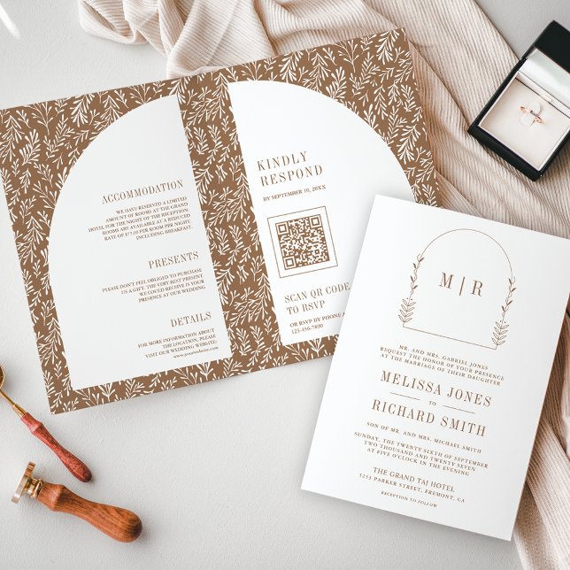 Minimal bladkonst valvbåge beige bröllop inbjudan (Skapare uppladdad)