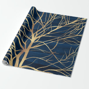 Minimal blått design i det moderna Guld Träd Presentpapper