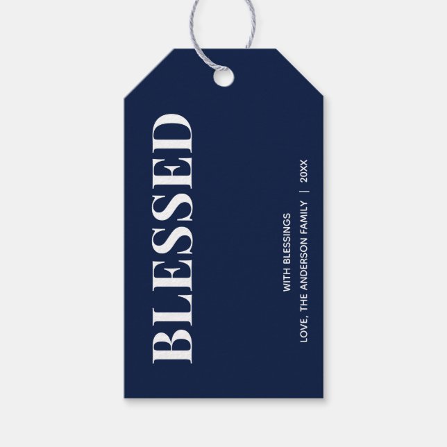 Minimal BLESSED | Navy Blue Holiday Presentetikett (Framsidan)