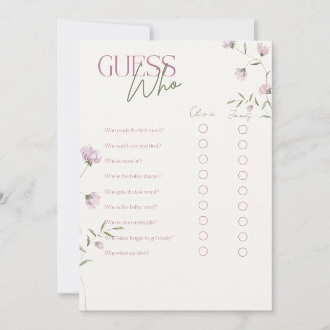 Minimal Blommig Gissa Vem Bröllopsspel Inbjudningar (Framsida)