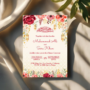 Minimal Blommigt Baraat Red Muslim Bröllop Nikkah Inbjudningar