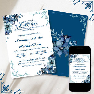 Minimal Blommigt Blue White Bismillah Bröllop Inbjudningar